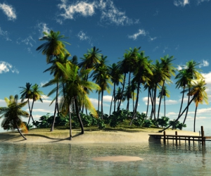 ostrov s palmami a molem pro loďky