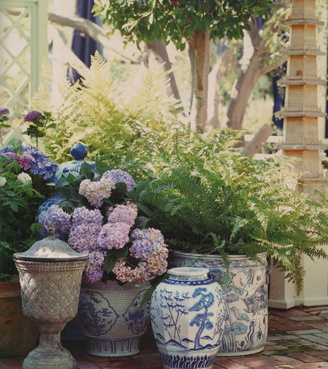 čínské vázy přinesou nádech modré i do exteriéru, kde vyniknou se zelenou barvou listů kapradin