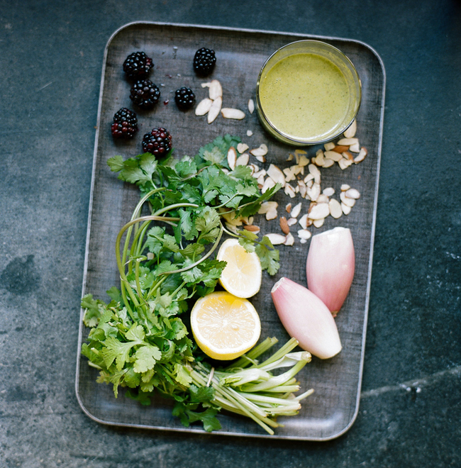 ingredience zdravého života - ostružiny, česnek, petržel a citrony na tmavém podnose